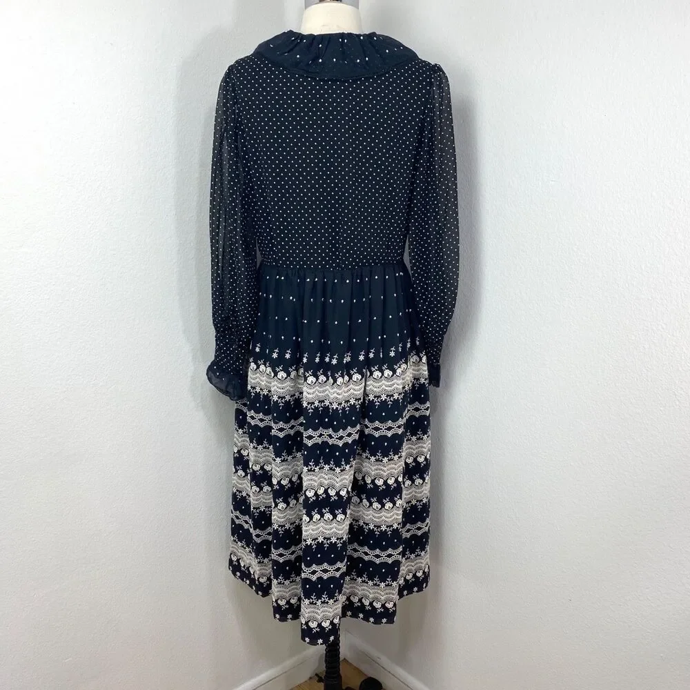 Vtg Black White Embroidered Dress XL Polka Dots Button Front Long Sleeves Boho